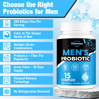 Probiotics for Men - 500B CFU, 12 Strains, Gut & Digestive Health, Energy, Prostate & Urinary Support | 60 Caps