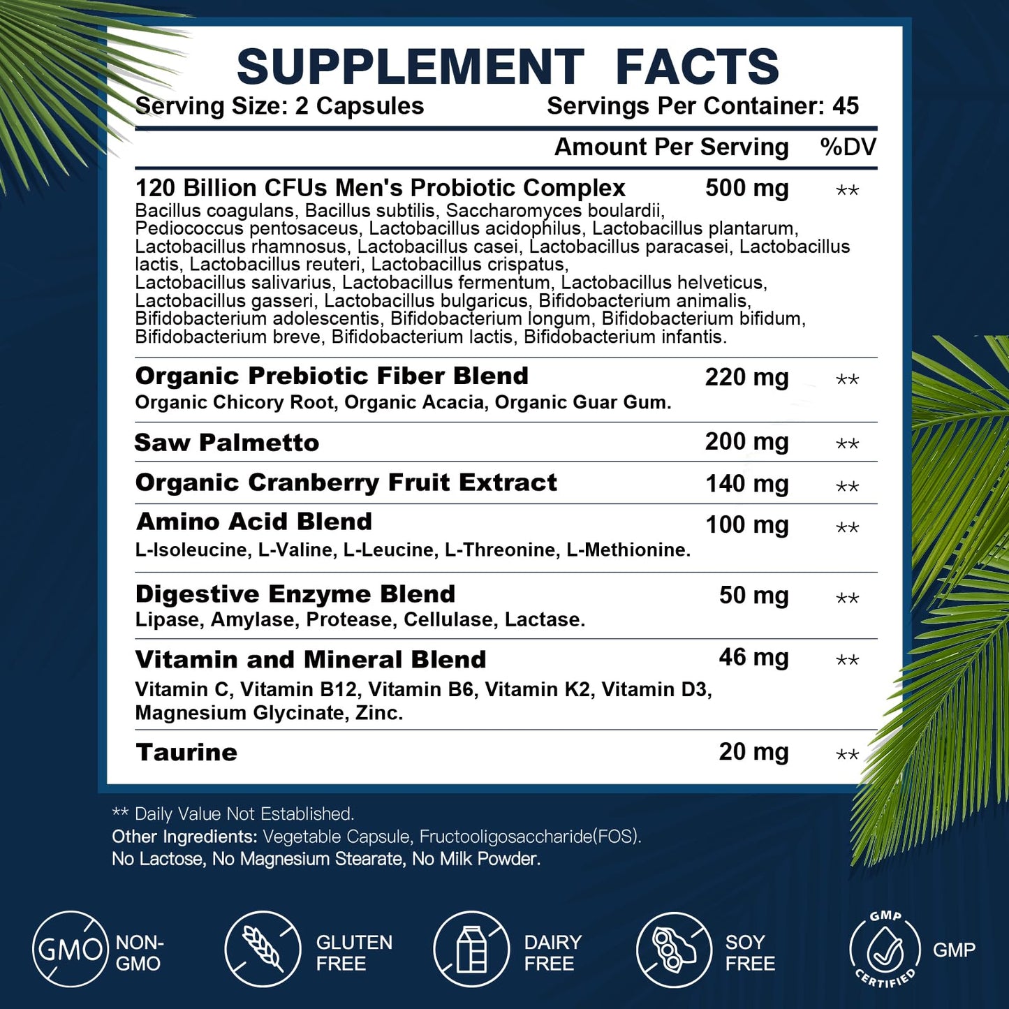 Probiotics for Men Digestive Health - 120 Billion CFUs with Saw Palmetto, Cranberry & Digestive Enzymes | 90 Capsules