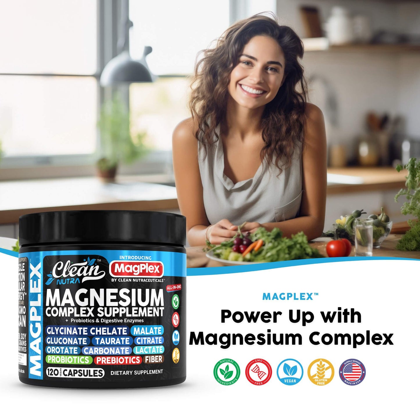 8in1 Magnesium Supplement Complex | Clean Nutra Magplex Glycinate, Citrate, Malate & Probiotics