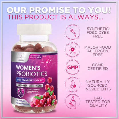 Probiotics for Women Gummies with Cranberry – 3 Billion CFU, 6 Strains | Digestive & Vaginal Health | 120 Gummies