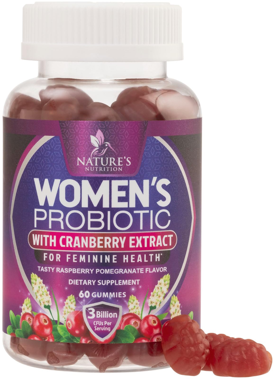 Probiotics for Women Gummies with Cranberry — 3 Billion CFU, 6 Strains, Digestive & Vaginal Health (60 Gummies)