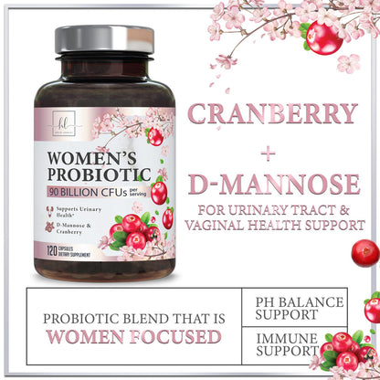 Probiotics for Women Digestive Health Support - 90 Billion CFU Women's Probiotic, 16 Strains, Cranberry, Vaginal Probiotic with Prebiotics, PH, Immune, Urinary, & Feminine Health Support, 120 Capsules