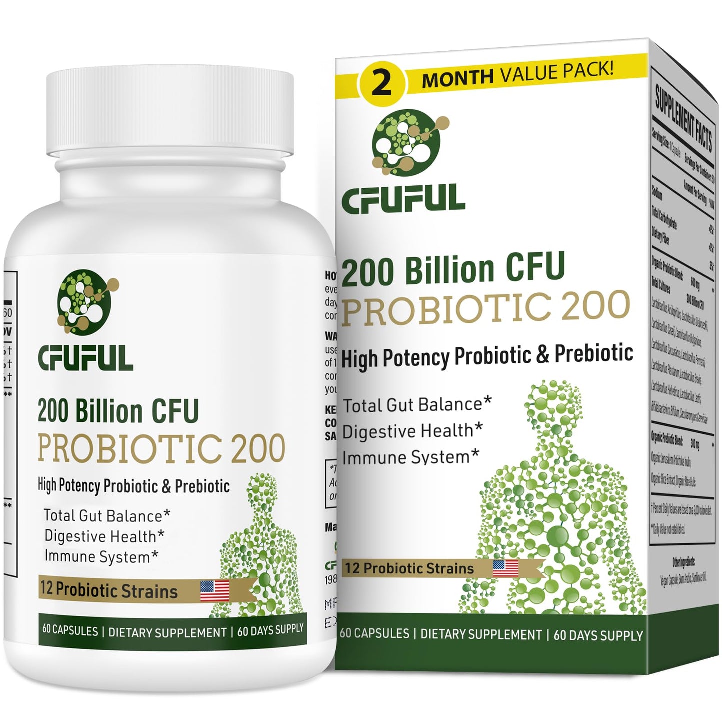 Probiotics for Women & Men – 200B CFU, 12 Strains, 3 Organic Prebiotics, 2-Month Supply