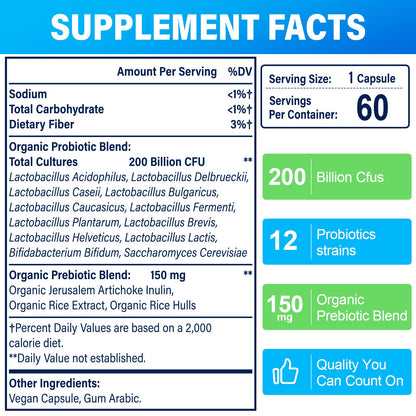 Probiotics for Women & Men | 200 Billion CFUs, 12 Strains | Daily Probiotic with 3 Prebiotics | Shelf-Stable & Vegan, 60 Caps