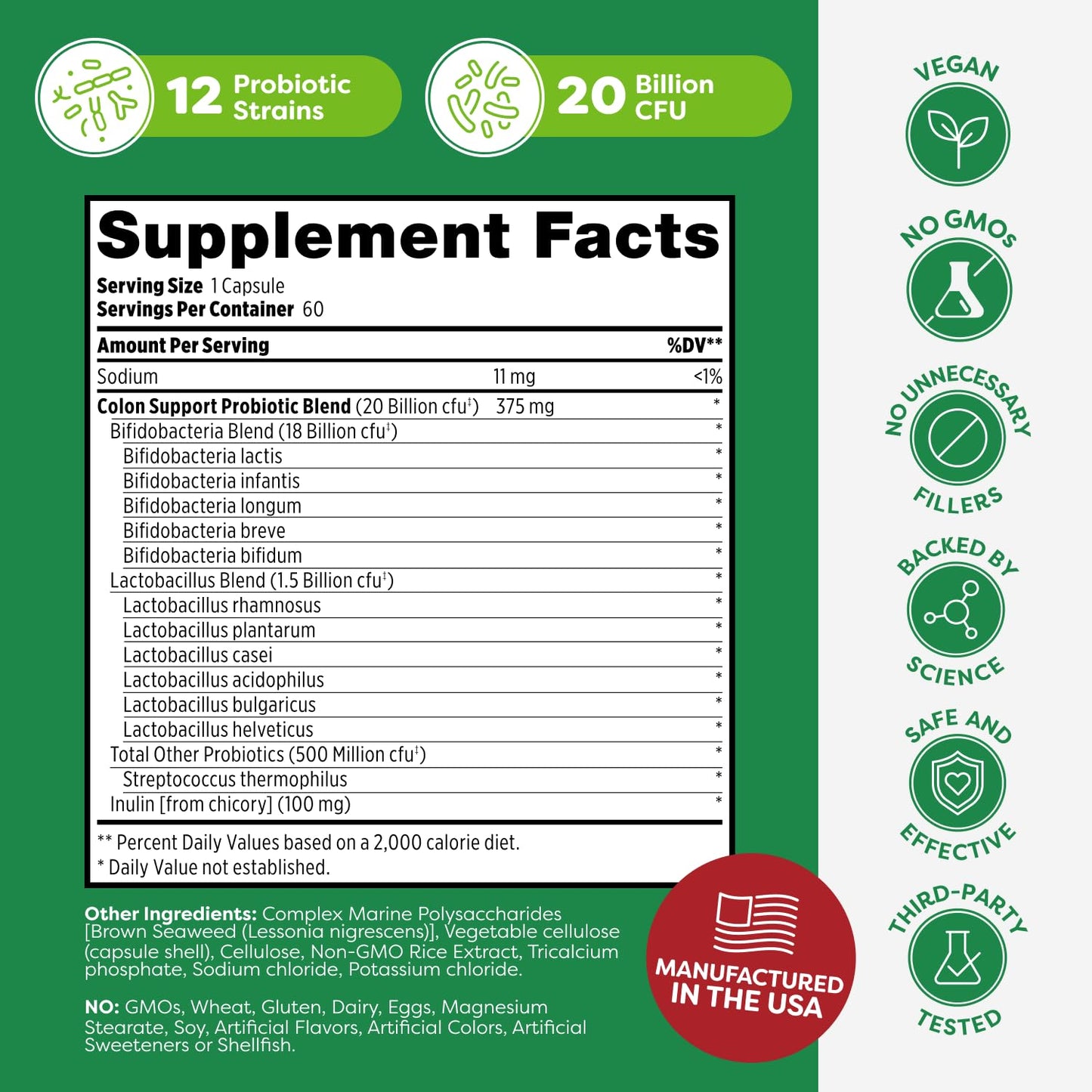 Probulin Colon Support Probiotic - 20 Billion CFU, Vegan Capsules, Digestive & Immune Health | 60 Count