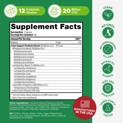 Probulin Colon Support Probiotic - 20 Billion CFU, Vegan Capsules, Digestive & Immune Health | 60 Count