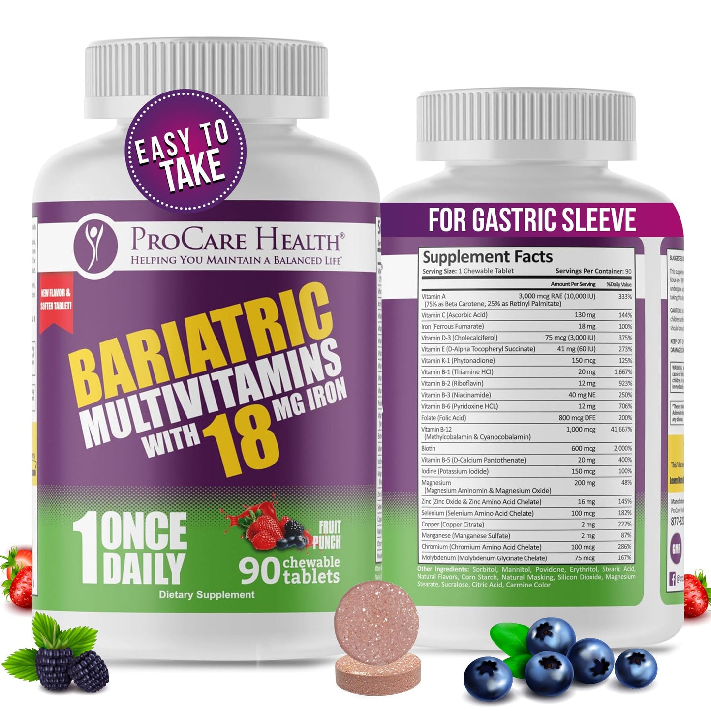 ProCare Health Bariatric Chewable Multivitamin with Iron 18mg (90 Tablets) - Fruit Punch Flavor - For Gastric Bypass & Sleeve Gastrectomy Patients* (3 Month Supply)
