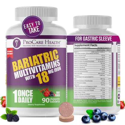 ProCare Health Bariatric Chewable Multivitamin with Iron 18mg (90 Tablets) - Fruit Punch Flavor - For Gastric Bypass & Sleeve Gastrectomy Patients* (3 Month Supply)