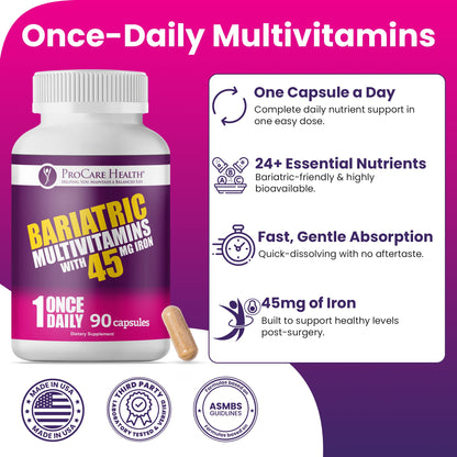 ProCare Health Bariatric Multivitamin 45mg Iron – Once Daily Capsule for Post-Op Support | 90 Capsules, 3-Month Supply