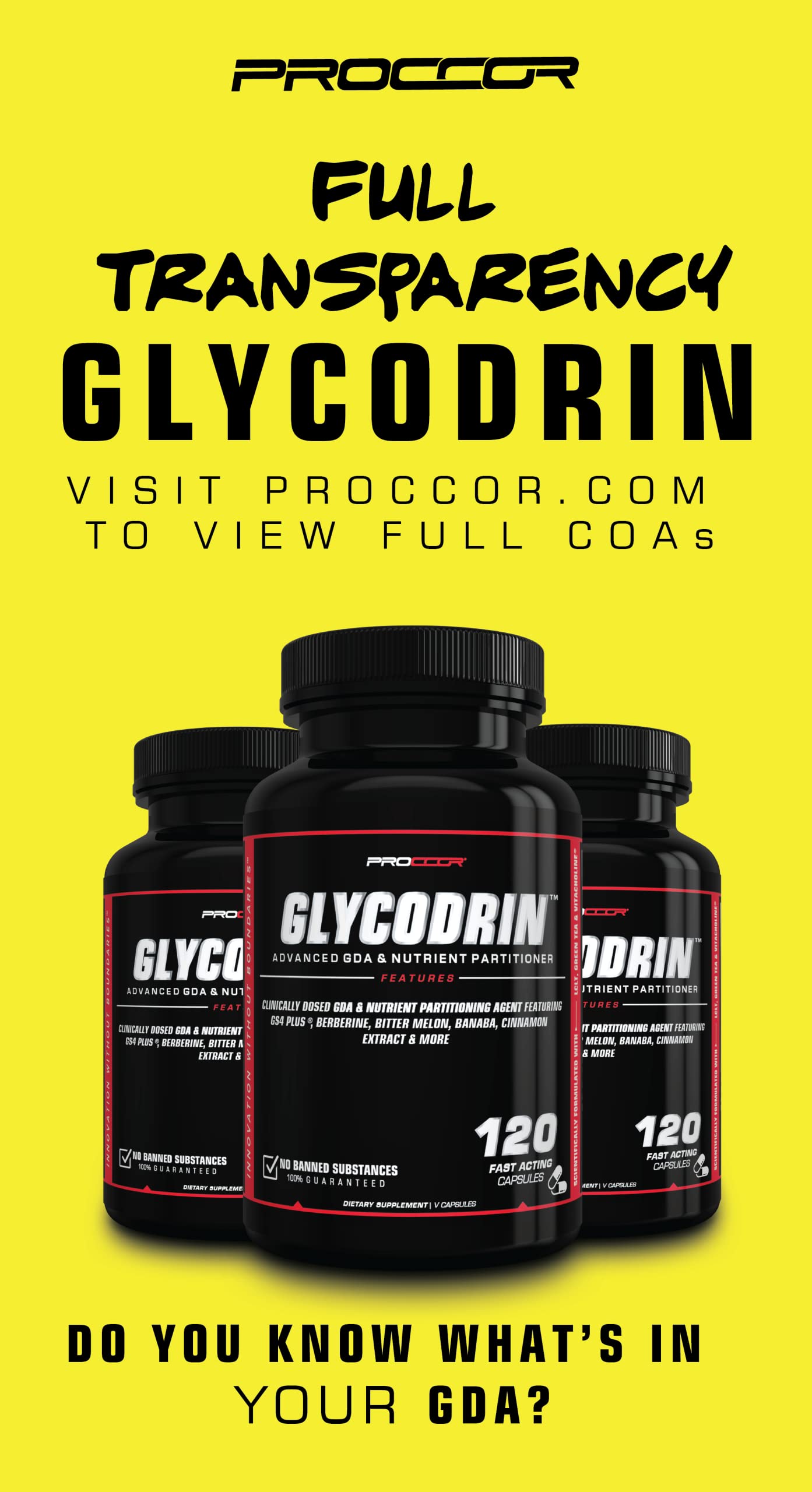 PROCCOR GLYCODRIN GDA with Berberine, Cinnamon, Banaba — 120 V Capsules, Gelatin-Free