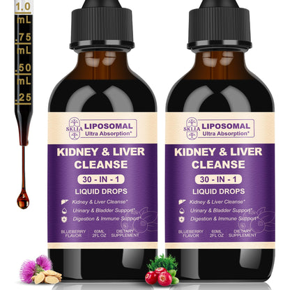 30-in-1 Kidney & Liver Cleanse Drops – Cranberry, Milk Thistle & Chanca Piedra | Vegan Blueberry 2-Pack