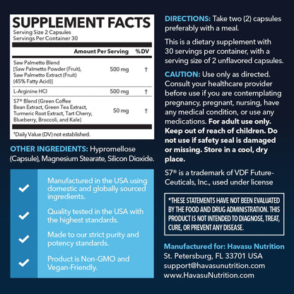 Saw Palmetto 500mg + L-Arginine 500mg — Prostate Health, Urinary Support & Endurance (60 Count) — Vegan, Non-GMO