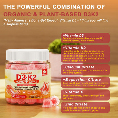 Vitamin D3 K2 Gummies 5000/10000 IU – Vegan, 60 Count | Calcium 500mg, MK-7 200mcg