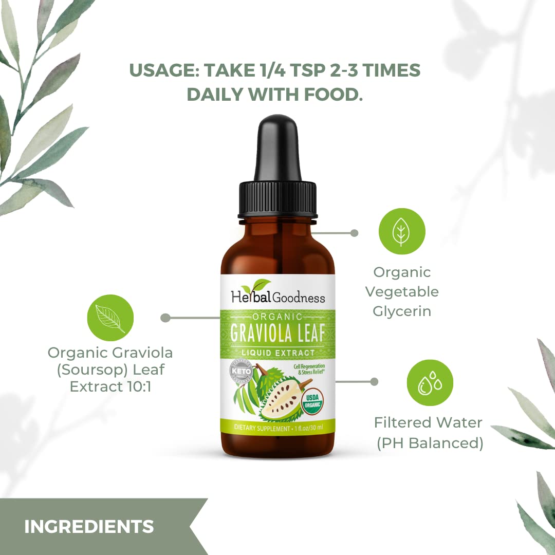 Herbal Goodness Organic Soursop Graviola Leaf Extract 1oz – 15X Concentrated Tincture | USDA Organic & Kosher