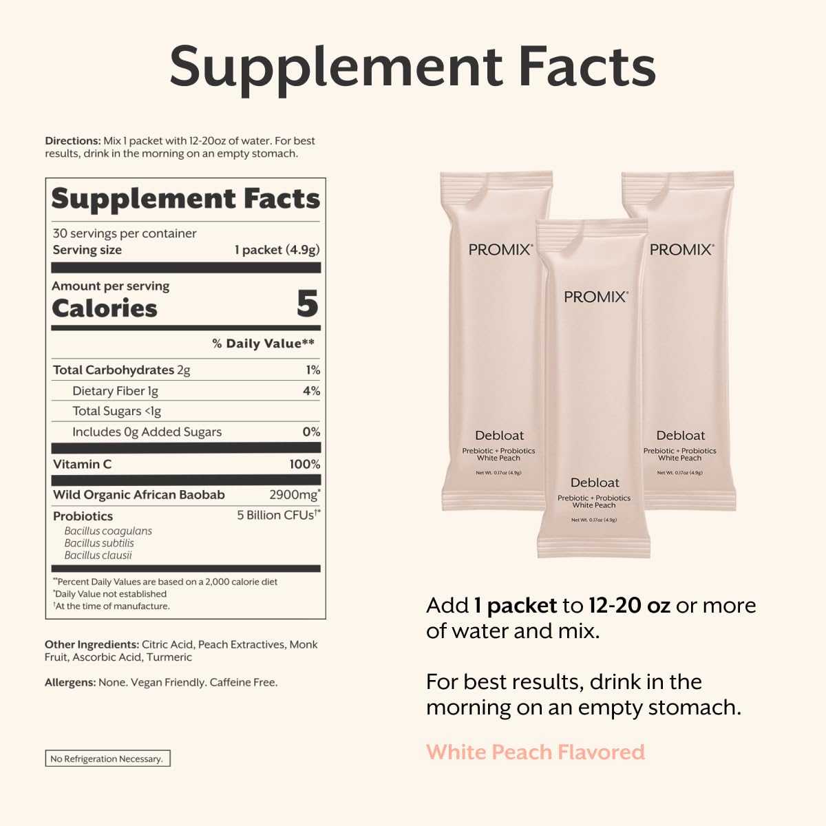ProMix Nutrition Debloat: Prebiotics & Probiotics for Bloating Relief (White Peach) - 30 Servings