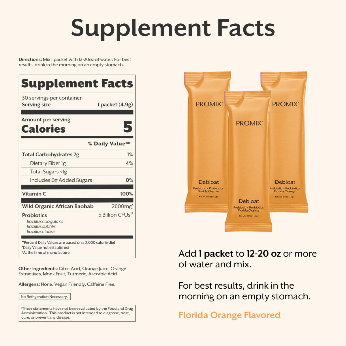 ProMix Nutrition Debloat Prebiotics & Probiotics with Baobab – Vitamin C Rich, Bloating Relief, Immune Support – Orange – 30 Servings (Pack of 30)