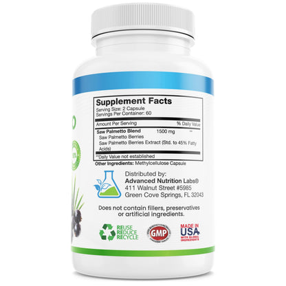 Advanced Nutrition Labs Saw Palmetto 1500 mg – Prostate Health, Hair Support & DHT Blocker | 120 Vegan Capsules