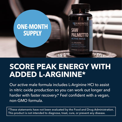 Saw Palmetto 500mg + L-Arginine 500mg — Prostate Health, Urinary Support & Endurance (60 Count) — Vegan, Non-GMO