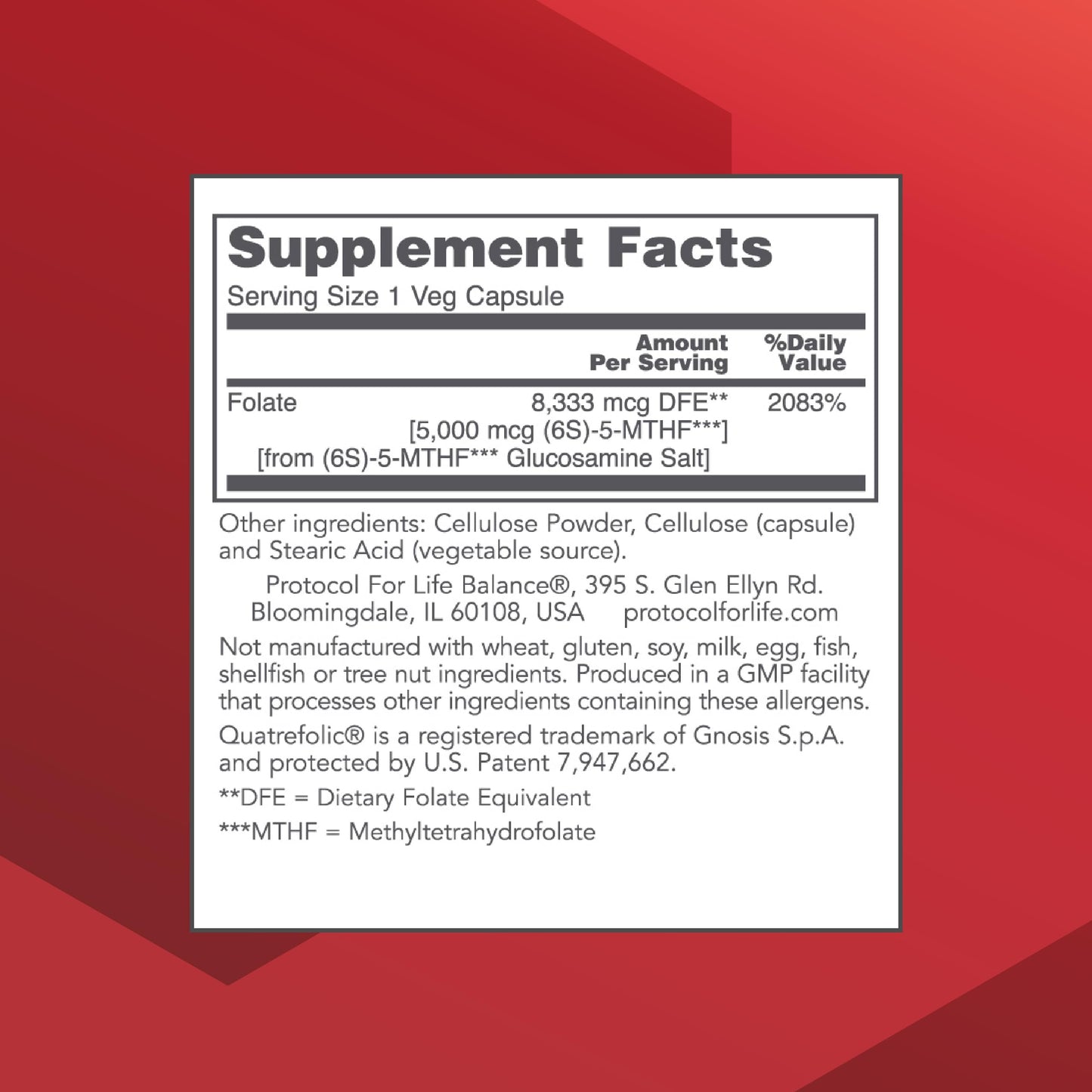 Protocol For Life Balance 5-Methylfolate 5,000 mcg – Brain Support – Vegan Kosher – 50 Veg Caps