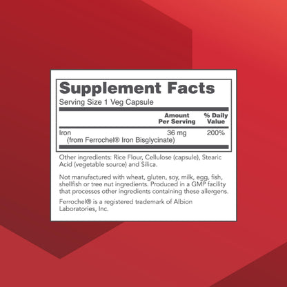 PROTOCOL FOR LIFE BALANCE Iron 36mg - Bioavailable Ferrochel Iron for Energy & Immunity - 90 Veg Capsules
