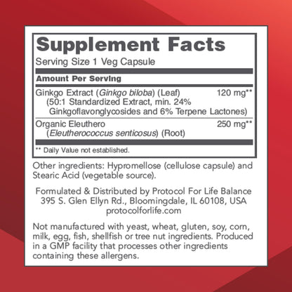 Protocol Ginkgo Biloba 120 mg with Eleuthero – Brain Health & Circulation | 100 Veg Capsules