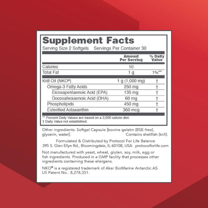 Protocol Krill Oil 500mg - Krill Oil Supplement with DHA & EPA - Astaxanthin - 60 Softgels - Non-GMO & Halal