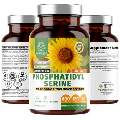 Number One Nutrition Phosphatidylserine 400mg – Sunflower Lecithin, Soy Free, 120 Veg Caps