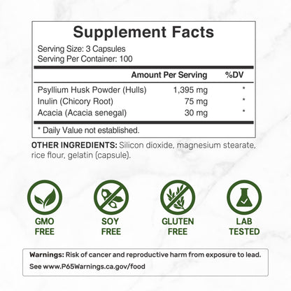 Psyllium Husk 1500mg Per Serving – 300 Capsules | 3-in-1 Fiber with Inulin & Acacia – Plant-Based, Non-GMO