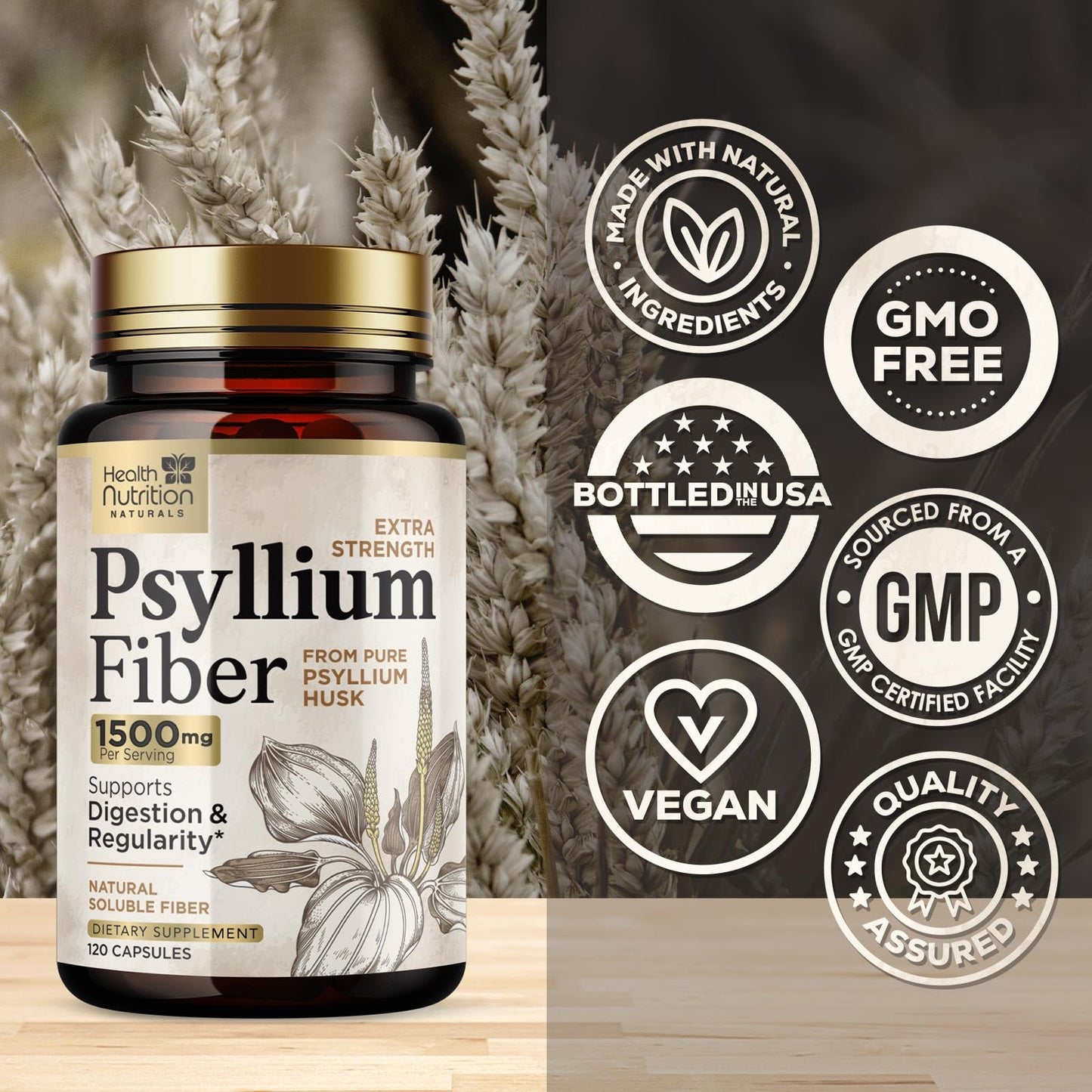 Psyllium Husk Capsules 1500 mg – Plant-Based Fiber (Vegan, Non-GMO) 120 Caps