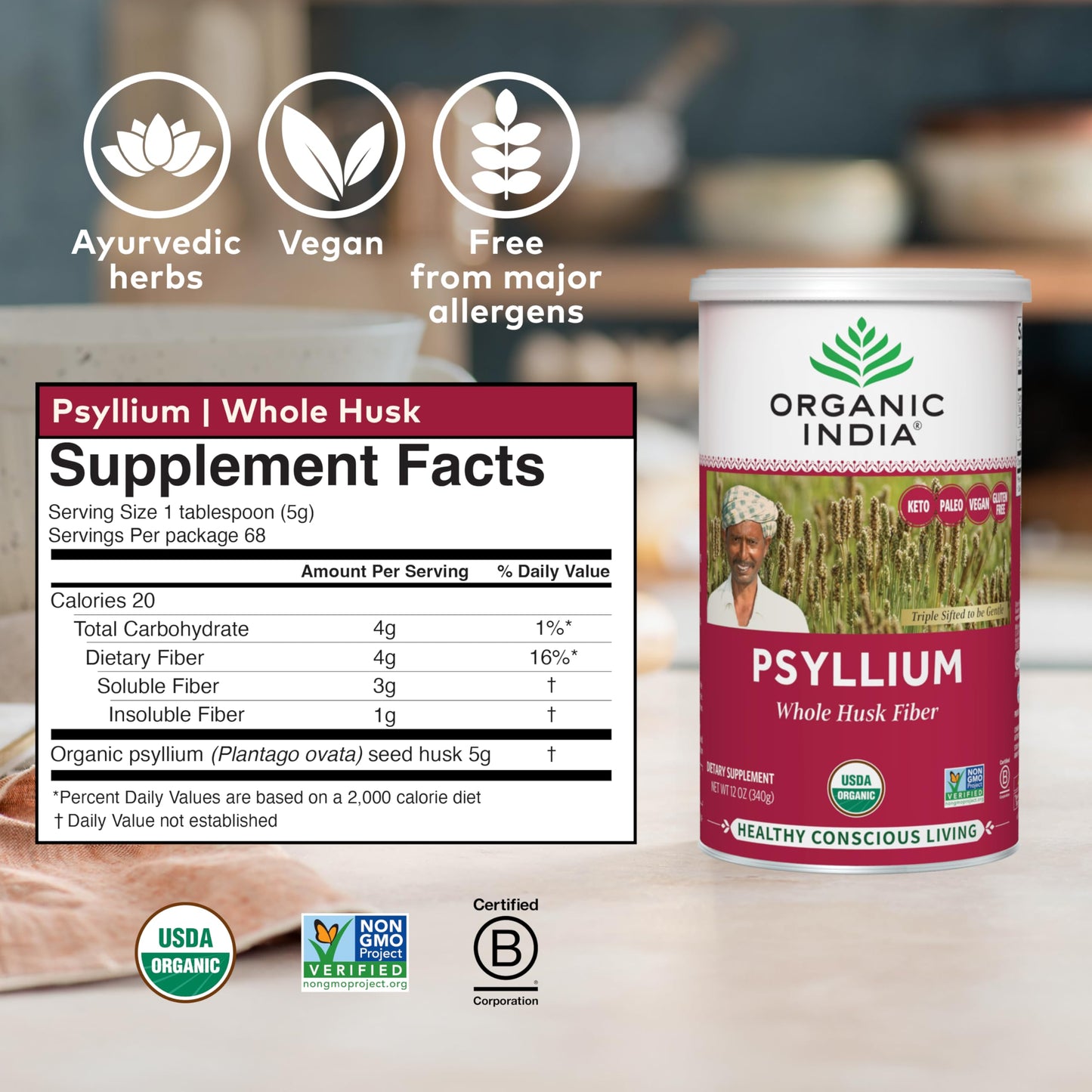 Organic India Psyllium Husk Powder - Fiber Supplement for Digestion (12 oz, Pack of 1)