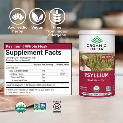 Organic India Psyllium Husk Powder - Fiber Supplement for Digestion (12 oz, Pack of 1)