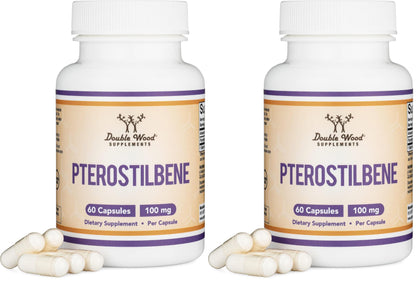 Double Wood Pterostilbene 100mg Capsules – 60 Count Pack of 2 | Third-Party Tested, Non-GMO, Gluten Free