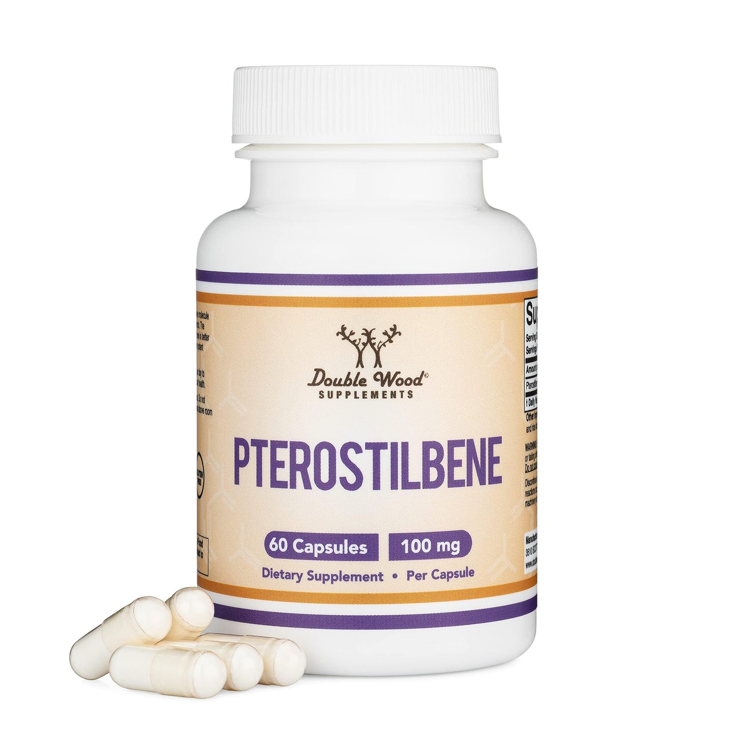 Pterostilbene 100mg Capsules – 60 Count | Non-GMO, Gluten Free | Third-Party Tested | Double Wood