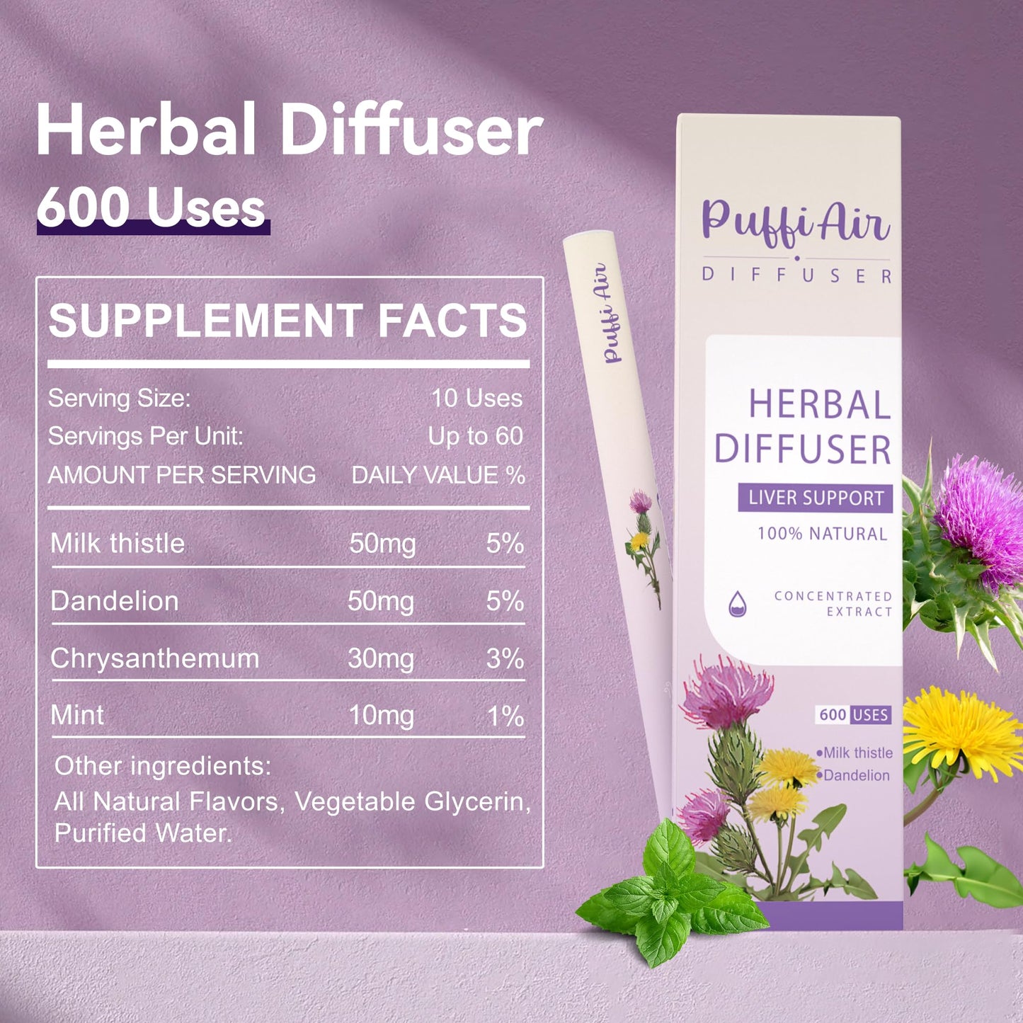 PUFFIAIR Herbal Liver Detox Diffuser Pen – 600 Puffs, Milk Thistle & Mint