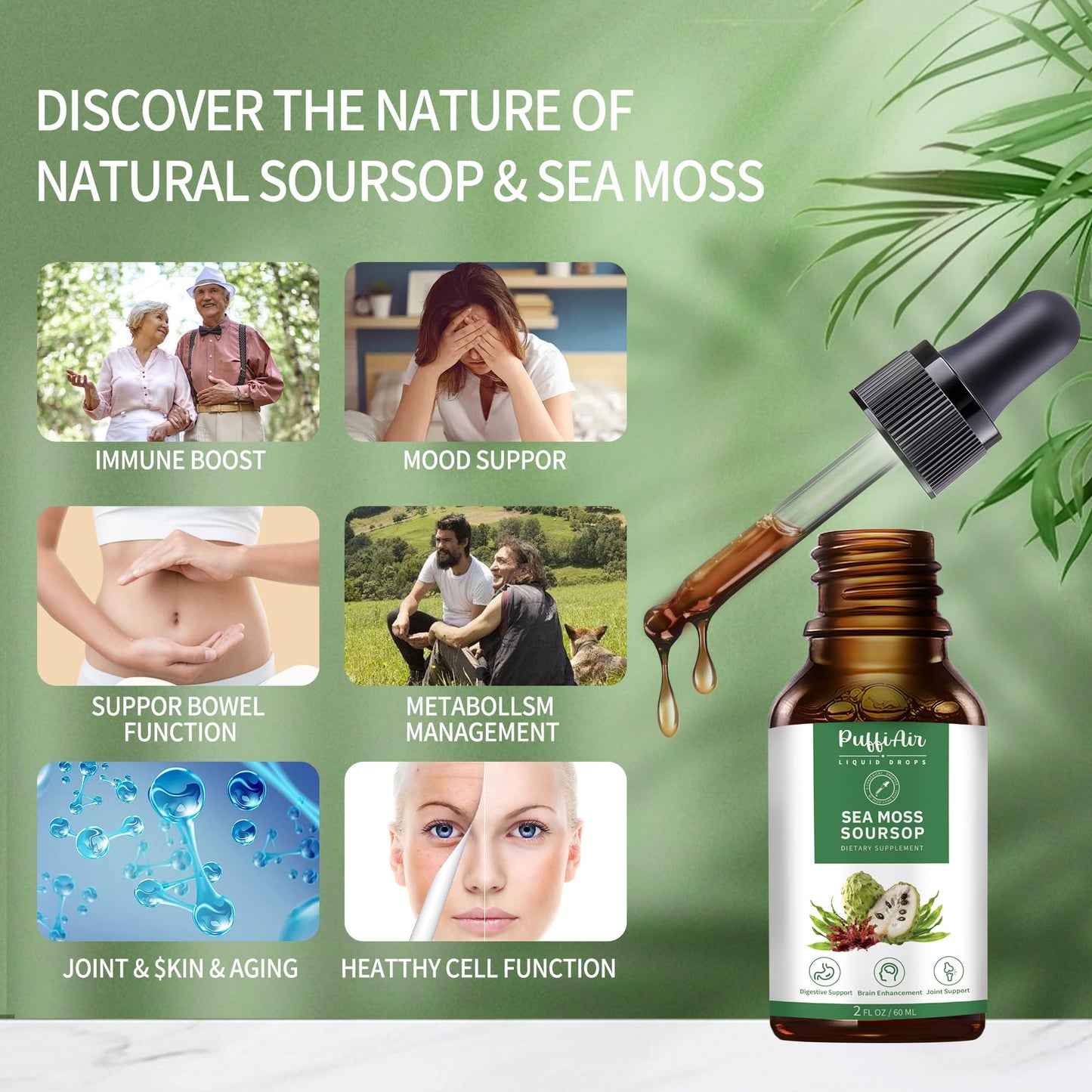 PUFFIAIR Soursop & Sea Moss Liquid Drop – Immune Support & Sleep, 2oz