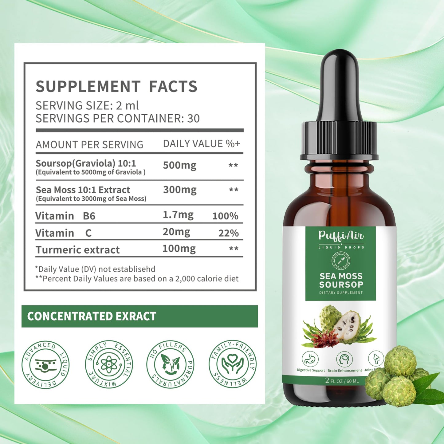 PUFFIAIR Soursop & Sea Moss Liquid Drop – Immune Support & Sleep, 2oz