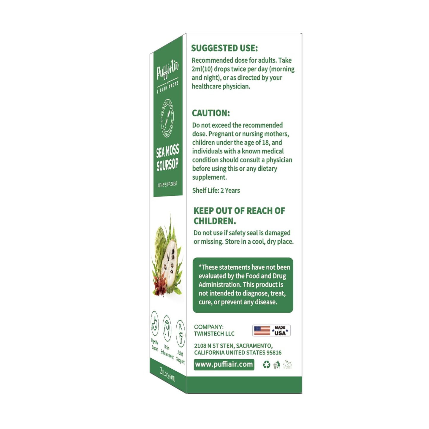 PUFFIAIR Soursop & Sea Moss Liquid Drop – Immune Support & Sleep, 2oz