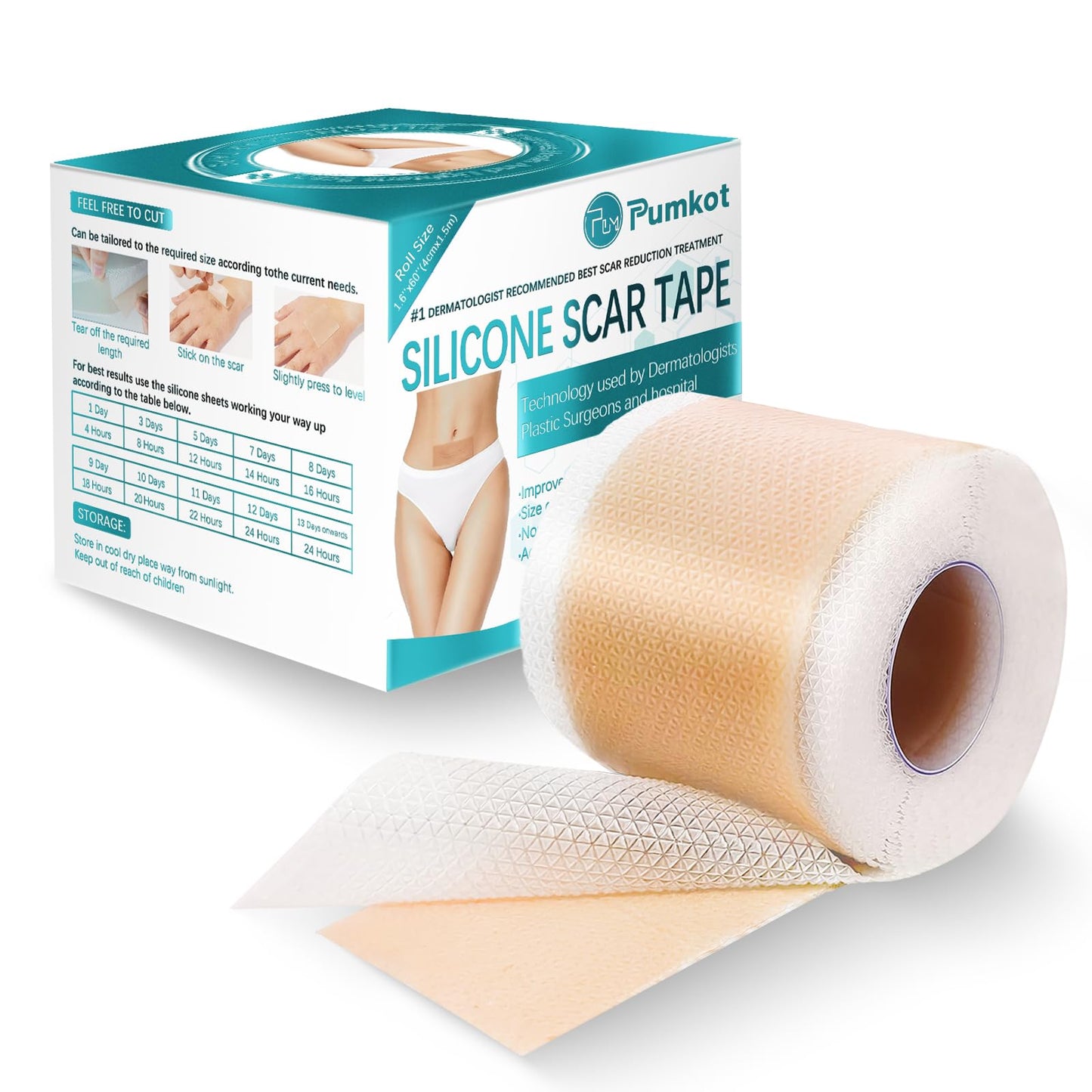 Pumkot Silicone Scar Sheets & Tape – 1.6”x60” Roll for Surgical Scars, C-Section & Burns