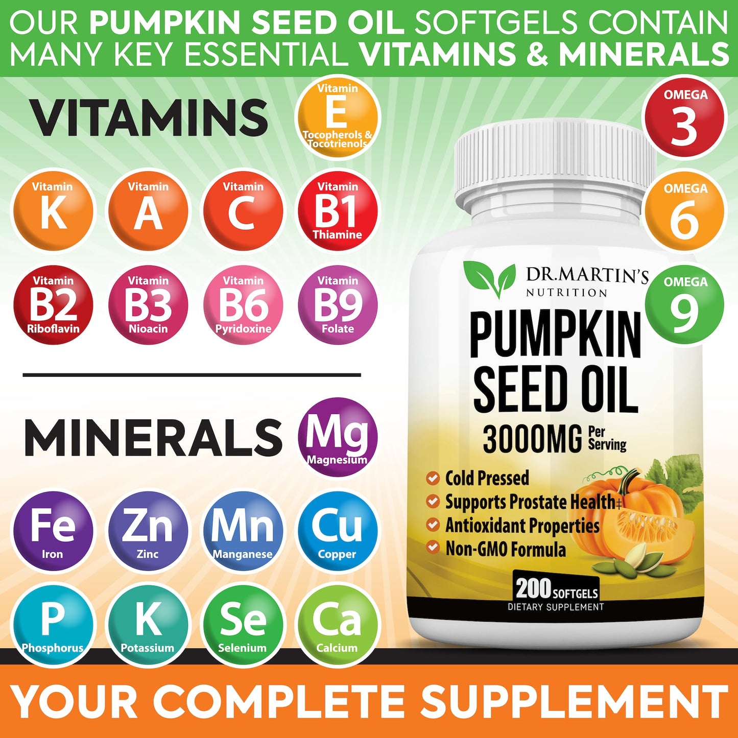 3000mg Cold-Pressed Pumpkin Seed Oil – DHT Blocker for Hair Growth | 200 Softgels