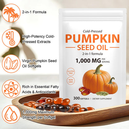 Pumpkin Seed Oil Capsules 300PCS – 2-in-1 Cold-Pressed, Non-GMO for Hair, Prostate & Urinary Health