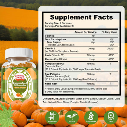 Well&Whole Pumpkin Seed Oil Gummies – Hair Growth, Prostate & Urinary Support | Vegan, Sugar-Free