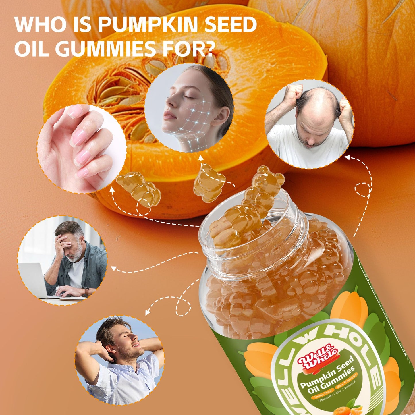 Well&Whole Pumpkin Seed Oil Gummies – Hair Growth, Prostate & Urinary Support | Vegan, Sugar-Free