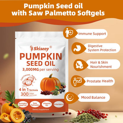 Pumpkin Seed Oil with Saw Palmetto – 4-in-1 300 Softgels, 3000mg Cold-Pressed Virgin Oil | Supports Hair, Prostate & Urinary Health | Vegan & Non-GMO