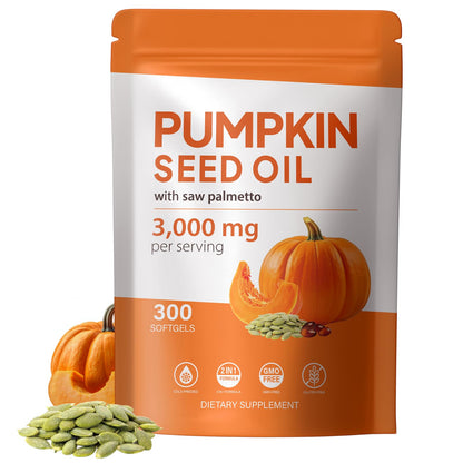 Pumpkin Seed Oil with Saw Palmetto Capsules - Organic Pumpkin Seeds Oil Supplement - Cold Pressed, Pure Virgin Oil - Supports Hair, Urinary, Bladder & Prostate Health, Vegan, Non-GMO, 300 Softgels