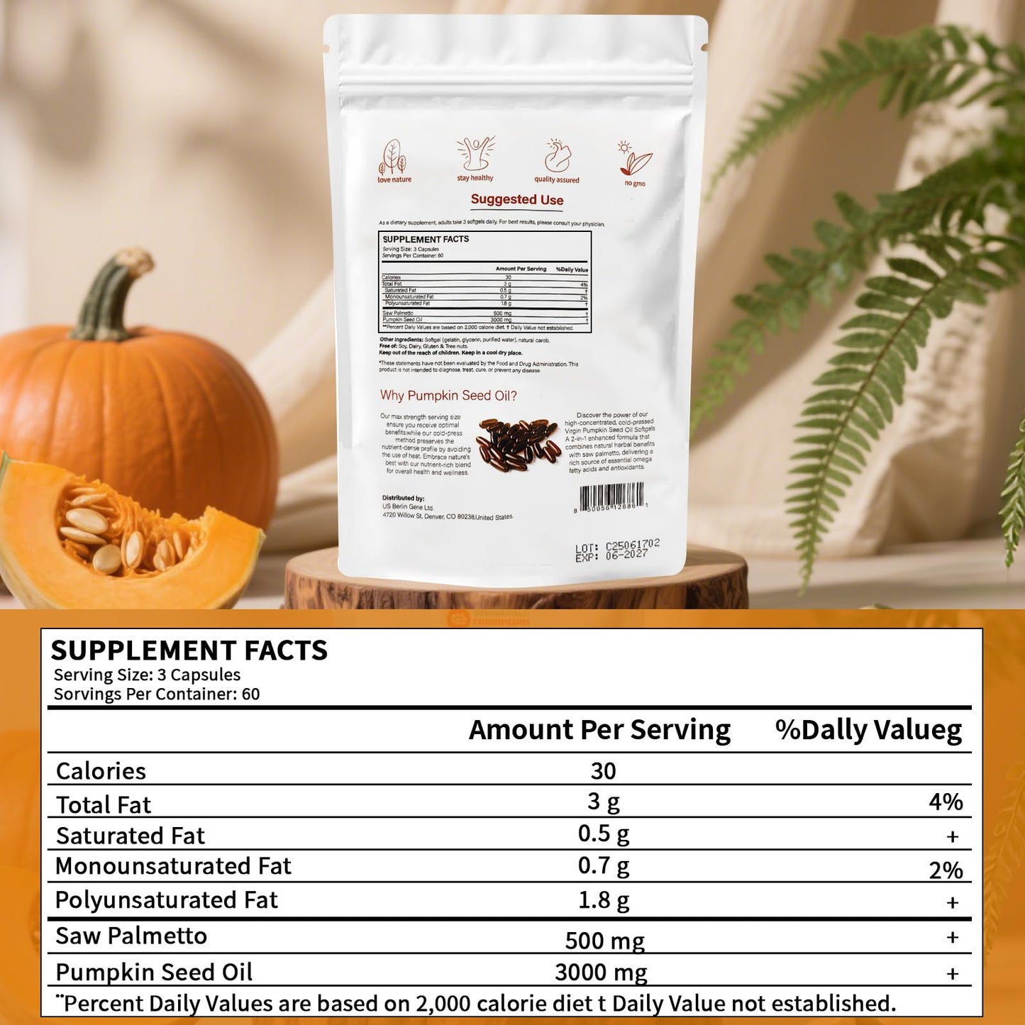 Pumpkin Seed Oil 2-in-1 with Saw Palmetto – 180 Softgels (3000mg per serving) – Prostate, Urinary & Hair Health | Non-GMO