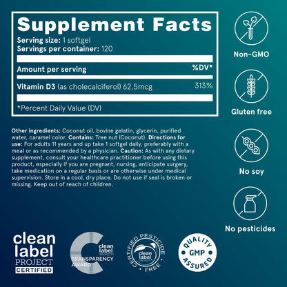 Puori Vitamin D3 Softgels 2500 IU – Immune Support & Bone Health, 120 Count