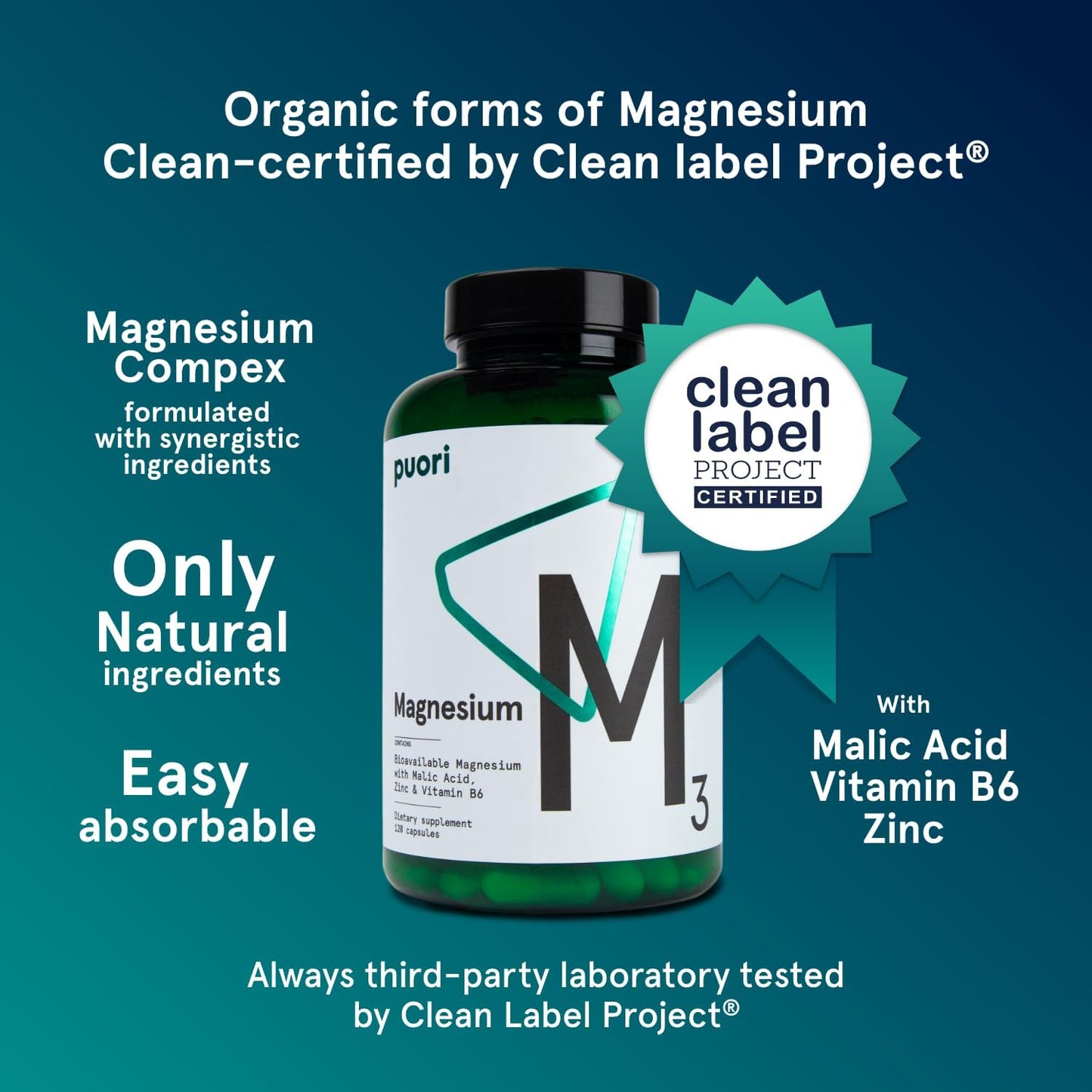 Puori Magnesium Complex: High Absorption Magnesium Taurinate & Gluconate, Zinc, B6 | Sleep & Muscle Recovery | 120 Vegan Capsules