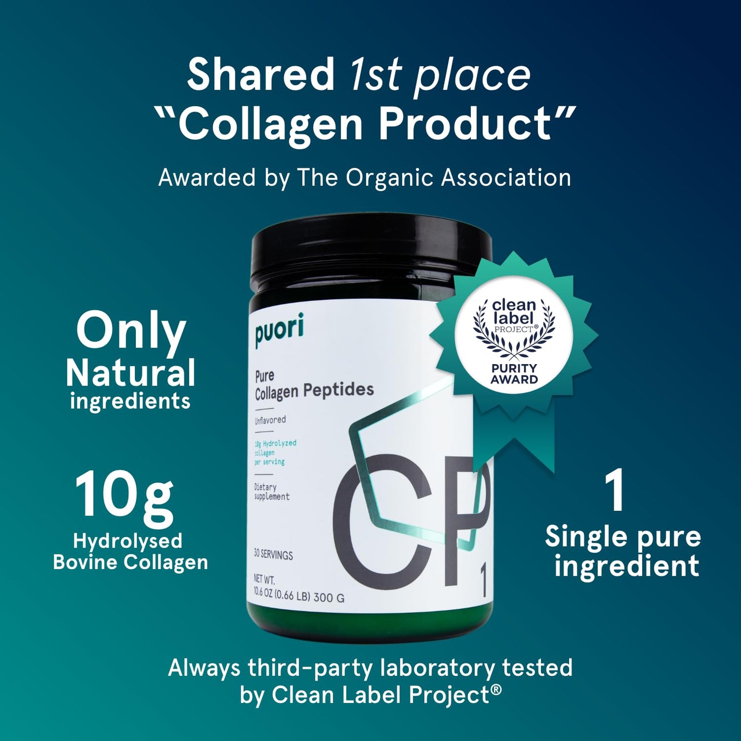 Puori Pure Collagen Peptides Powder, Unflavored — 10g Grass-Fed Bovine Collagen, Skin, Hair & Nails, Joint Support, 30 Servings