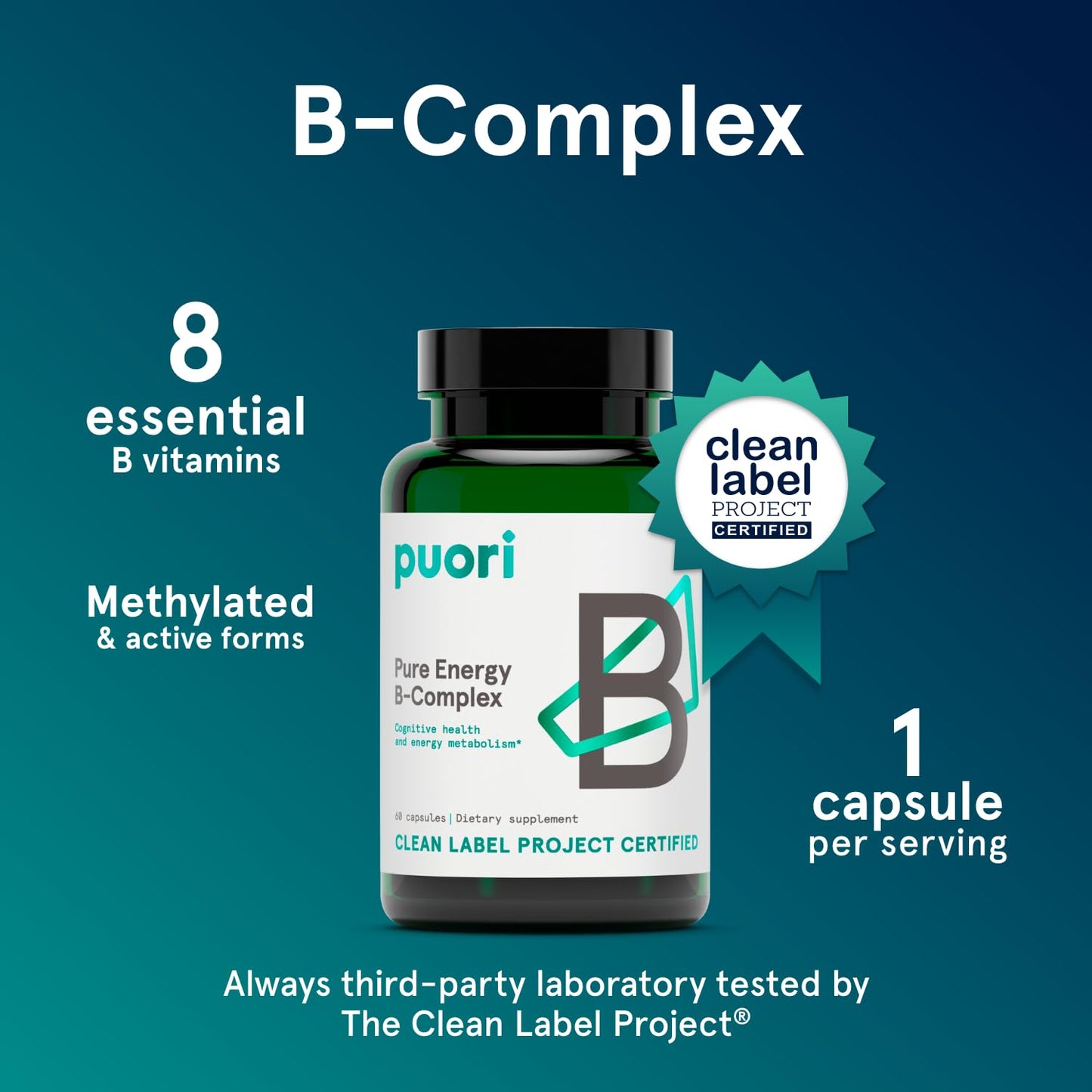 Puori Pure Energy Vitamin B-Complex – 8 Essential Methylated B Vitamins (B1–B12) | 60 Capsules