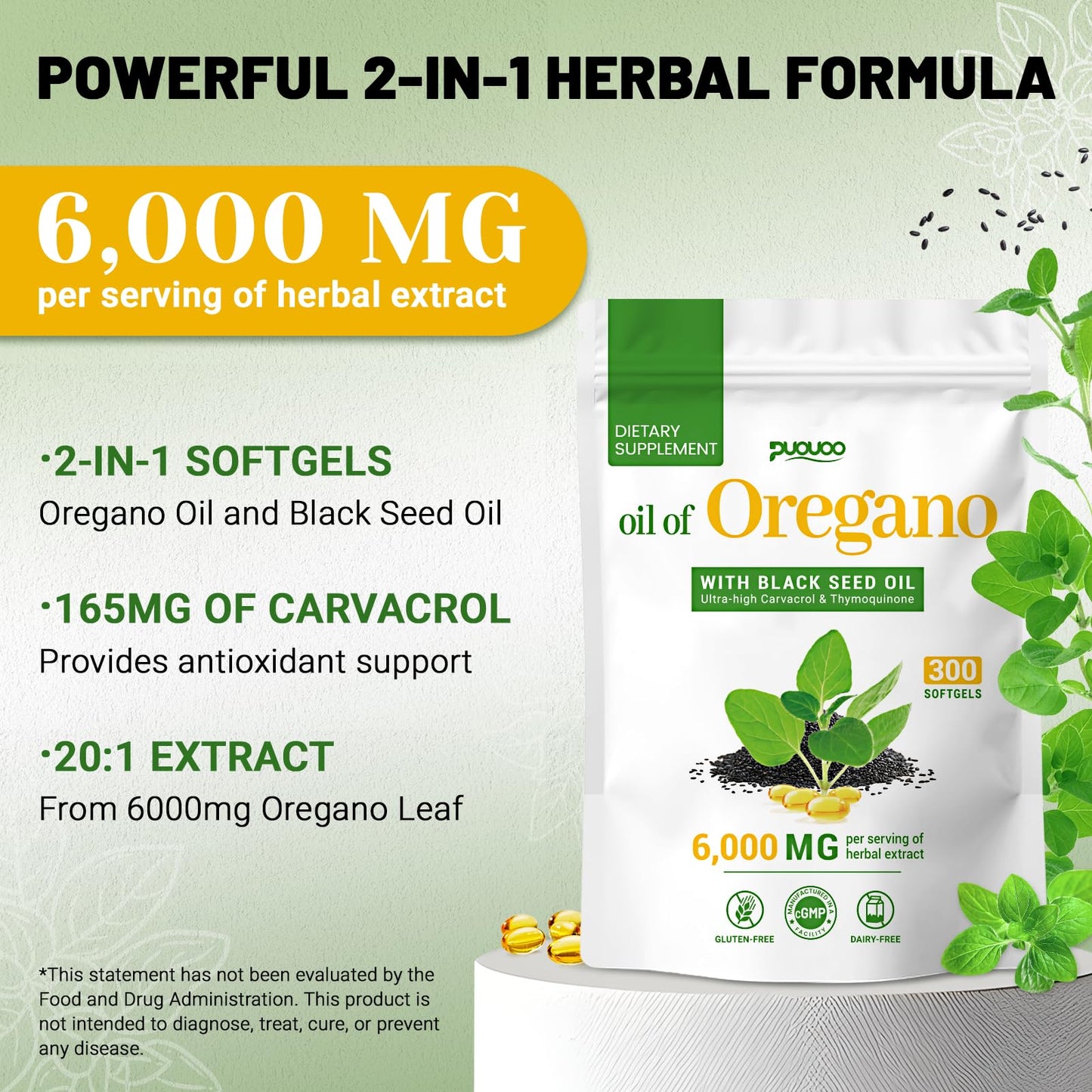 Puouoo 2 in 1 Oil of Oregano Capsules – Oregano Oil with Black Seed Oil (Carvacrol) | 300 Capsules